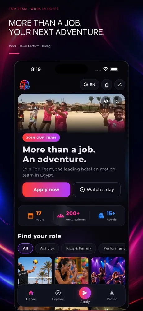 TopTeam app home screen